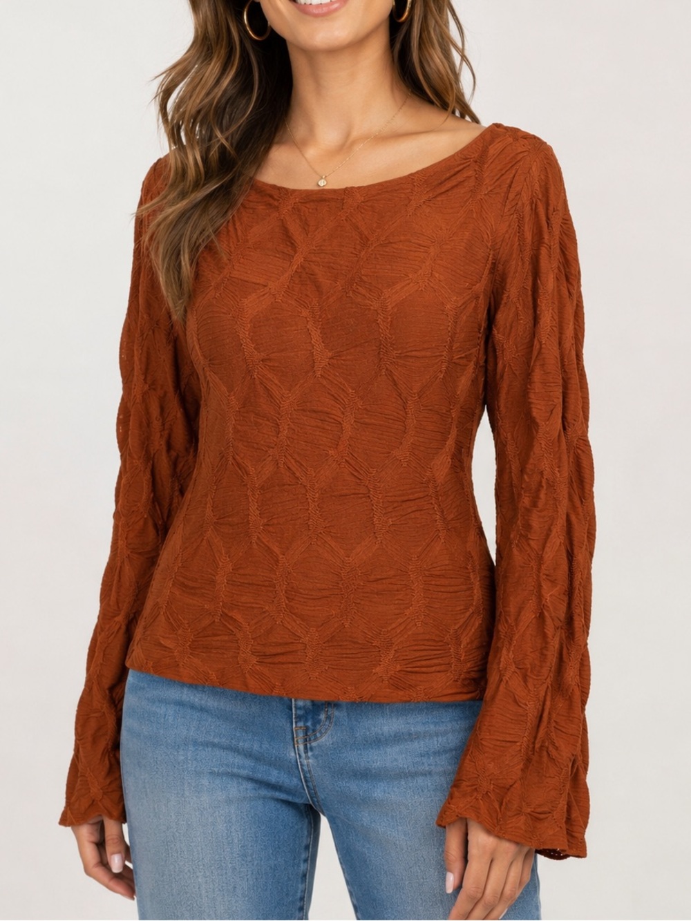 See You Monday NWT Women Size S Rust Brown Textured Popcorn Smocked Long Sleeve